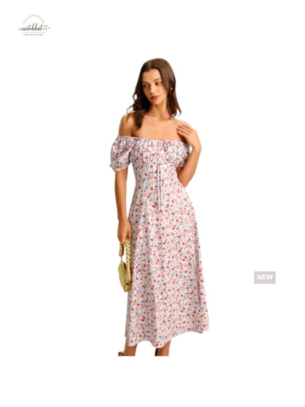 Summer Midi Dress Adjustable Bust Square Neck Floral A-Line - Picture 6 of 7